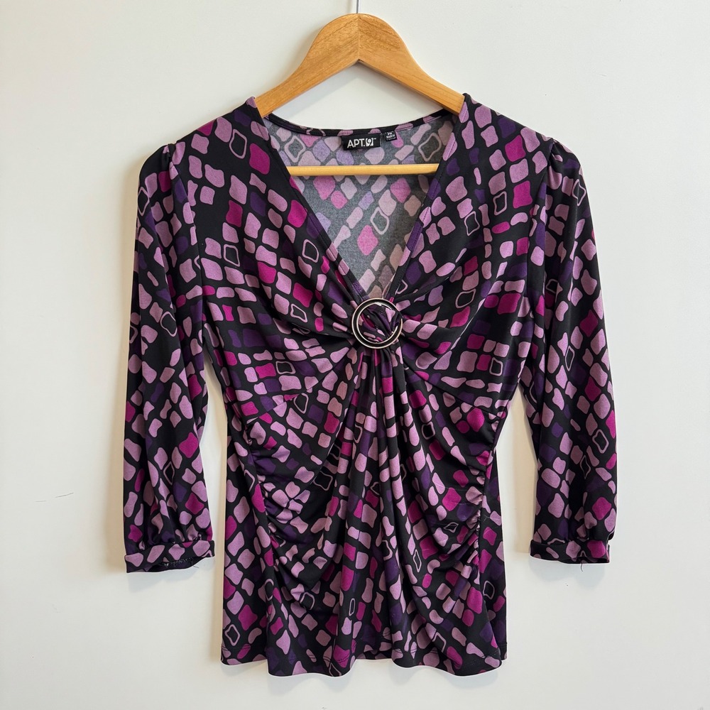 Apt 9 Y2K Womens Petite Small Purple Abstract Print 3/4 Sleeve Top Blouse
